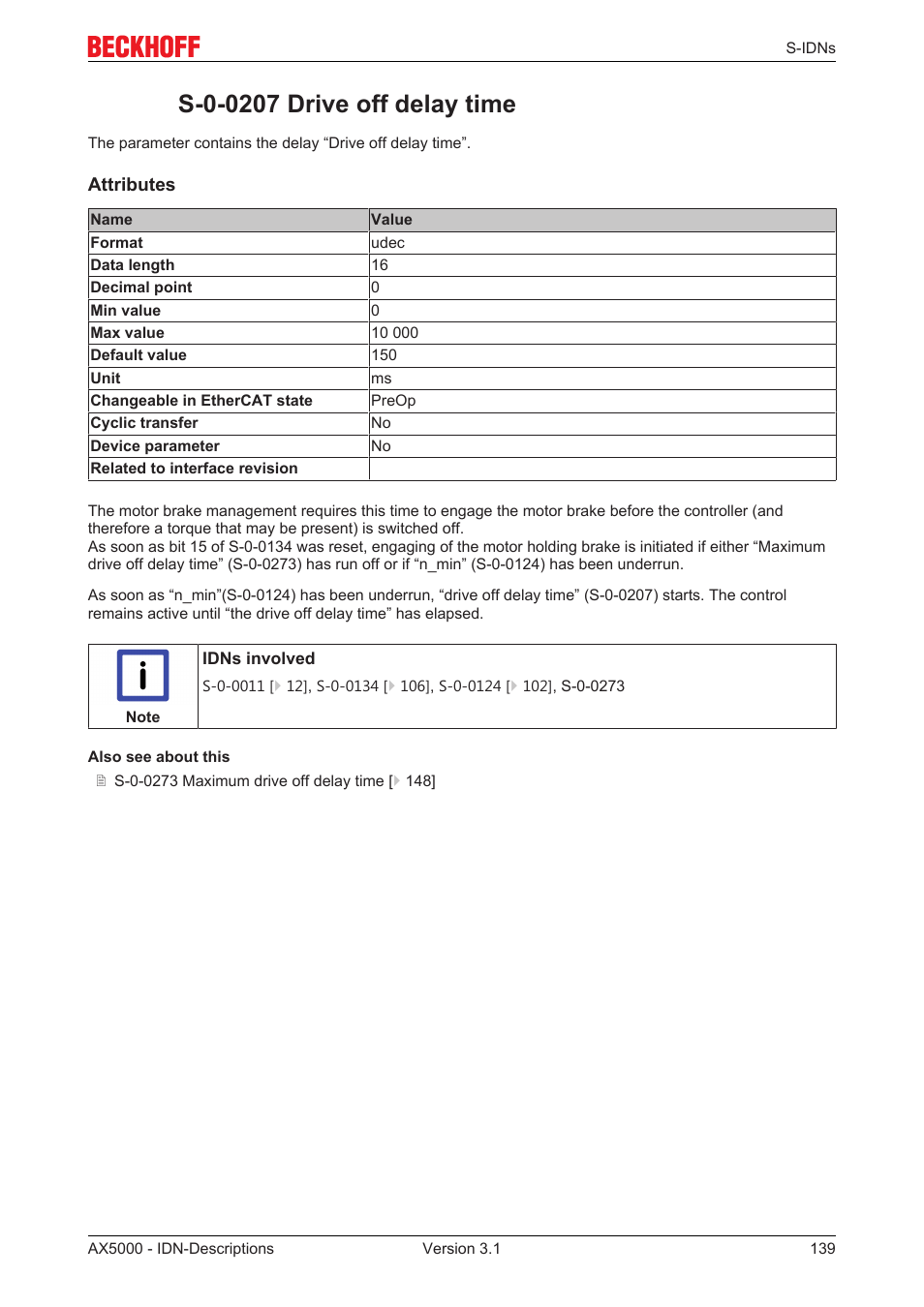 S-0-0207 drive off delay time, S‐0‐0207 | BECKHOFF AX5000 S-IDN Parameters User Manual | Page 139 / 190