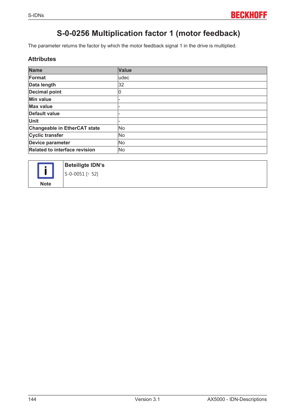 S-0-0256 multiplication factor 1 (motor feedback) | BECKHOFF AX5000 S-IDN Parameters User Manual | Page 144 / 190