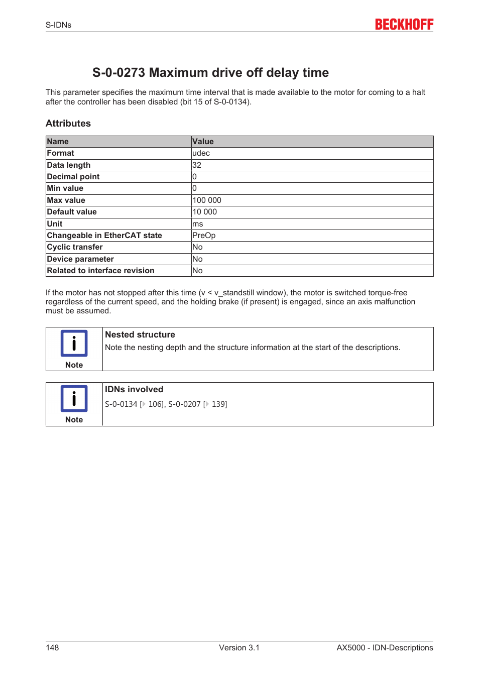 S-0-0273 maximum drive off delay time, S­0­0273 maximum drive off delay time | BECKHOFF AX5000 S-IDN Parameters User Manual | Page 148 / 190