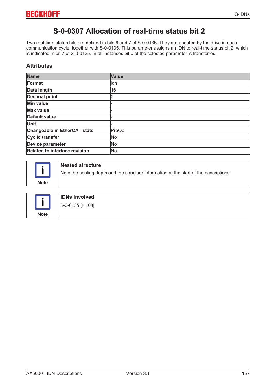S-0-0307 allocation of real-time status bit 2 | BECKHOFF AX5000 S-IDN Parameters User Manual | Page 157 / 190