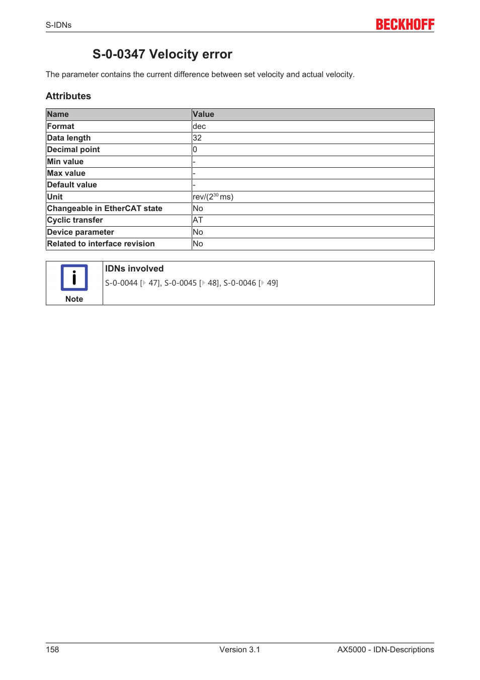 S-0-0347 velocity error | BECKHOFF AX5000 S-IDN Parameters User Manual | Page 158 / 190