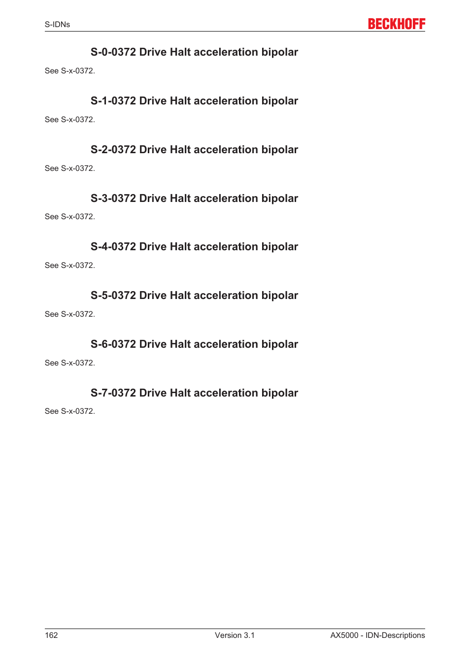 S-0-0372 drive halt acceleration bipolar, S-1-0372 drive halt acceleration bipolar, S-2-0372 drive halt acceleration bipolar | S-3-0372 drive halt acceleration bipolar, S-4-0372 drive halt acceleration bipolar, S-5-0372 drive halt acceleration bipolar, S-6-0372 drive halt acceleration bipolar, S-7-0372 drive halt acceleration bipolar | BECKHOFF AX5000 S-IDN Parameters User Manual | Page 162 / 190