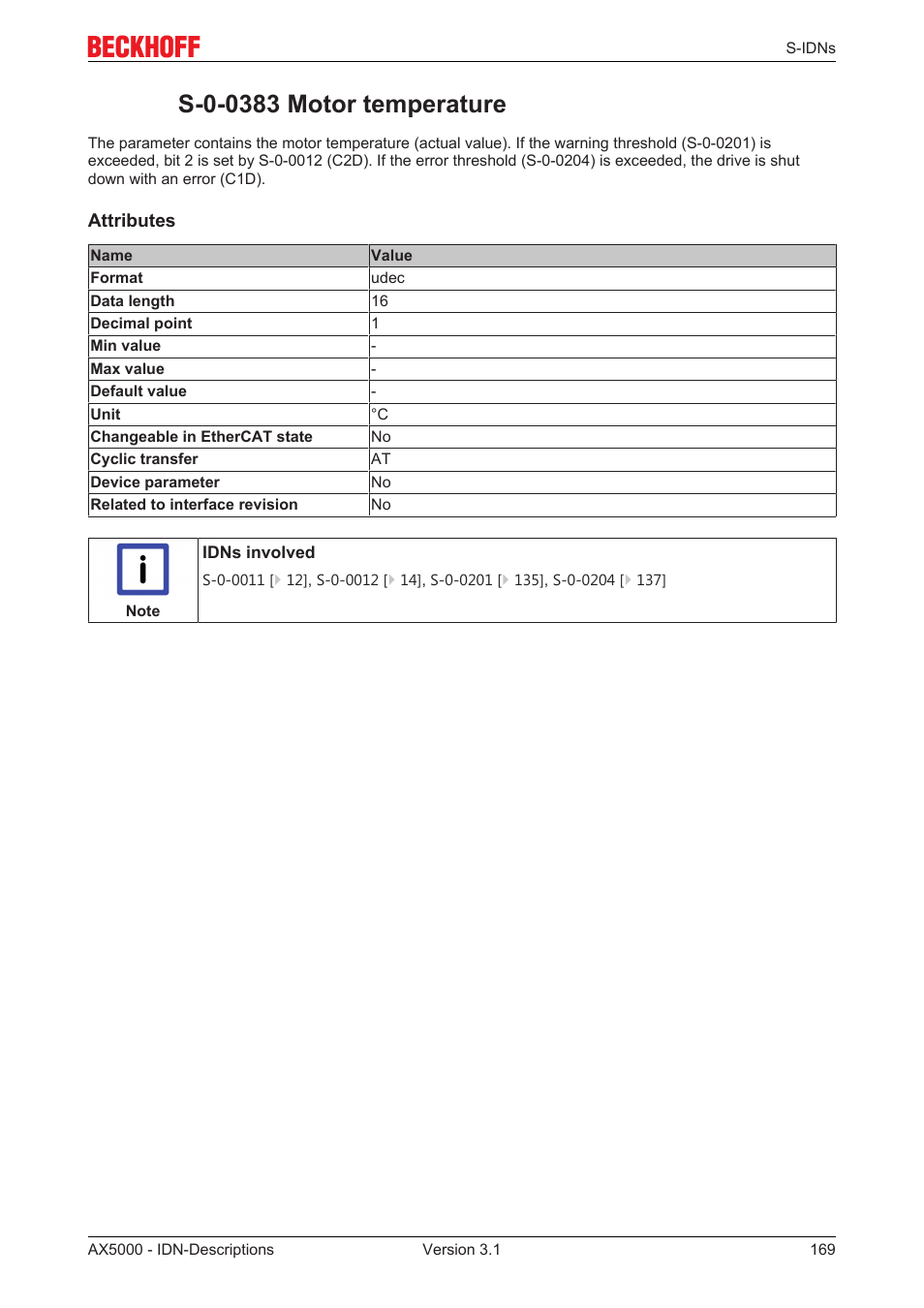 S-0-0383 motor temperature | BECKHOFF AX5000 S-IDN Parameters User Manual | Page 169 / 190