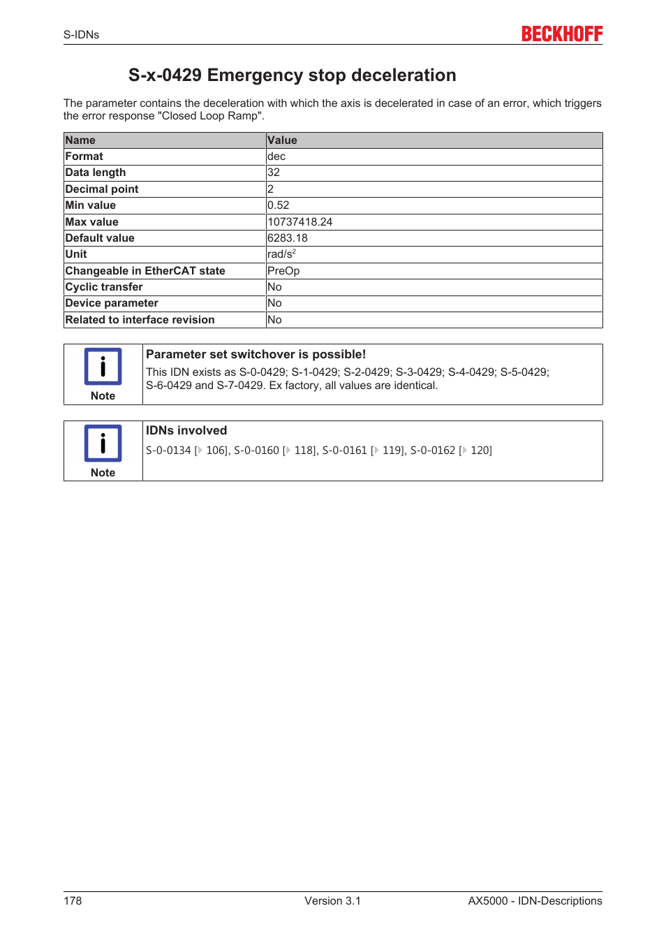 S-x-0429 emergency stop deceleration, S­x­0429 emergency stop deceleration | BECKHOFF AX5000 S-IDN Parameters User Manual | Page 178 / 190