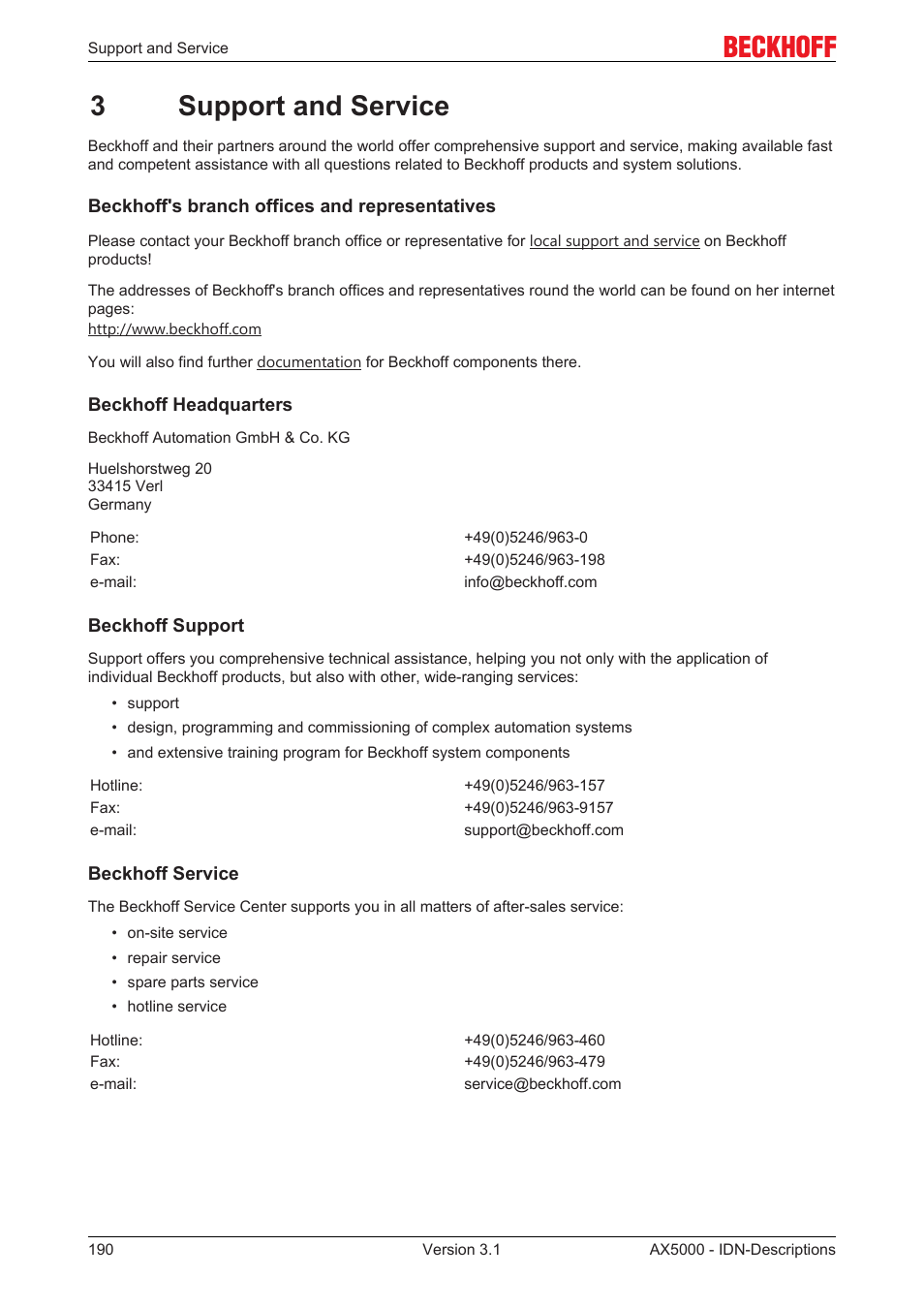 3 support and service, 3support and service | BECKHOFF AX5000 S-IDN Parameters User Manual | Page 190 / 190