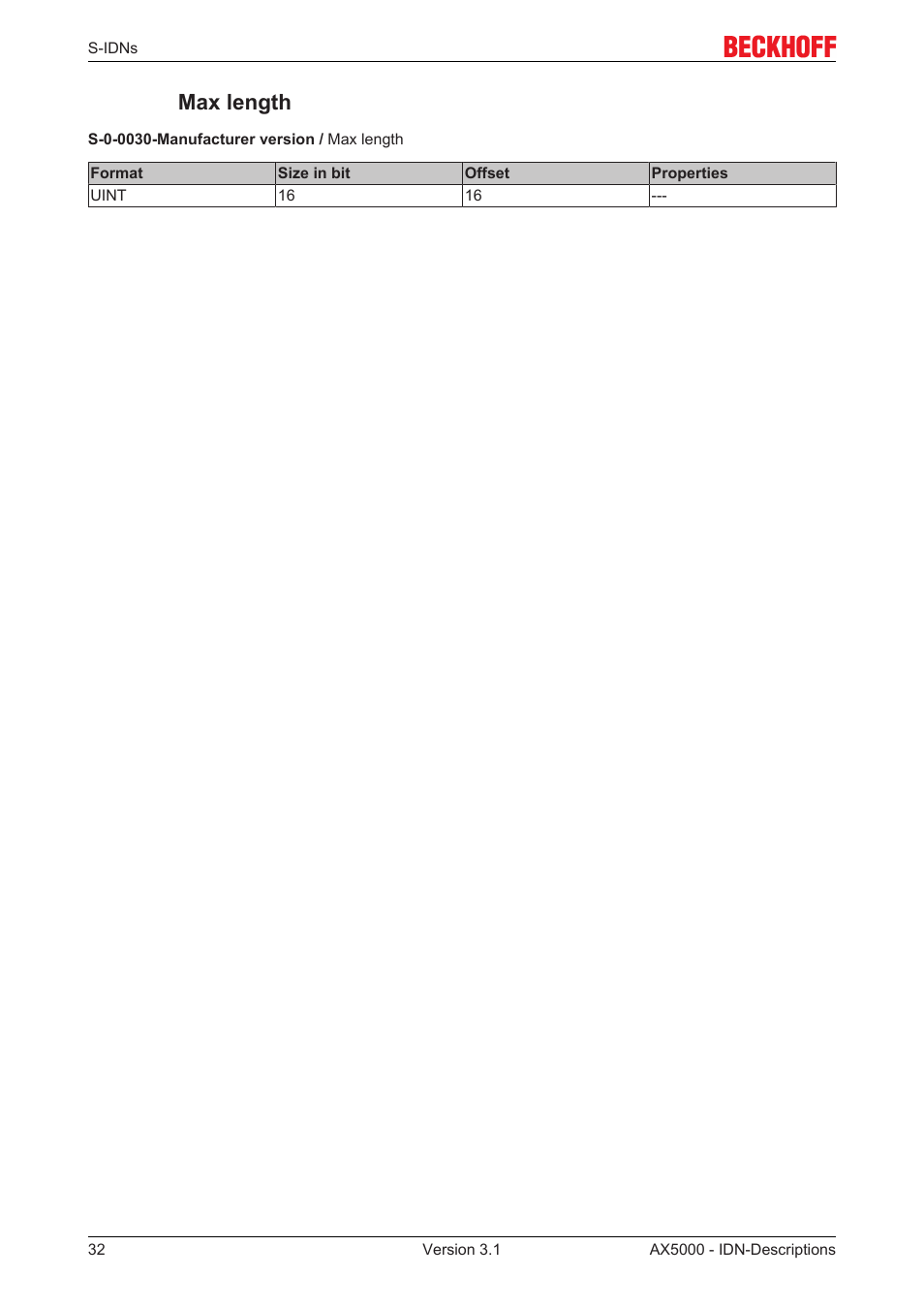 Max length | BECKHOFF AX5000 S-IDN Parameters User Manual | Page 32 / 190