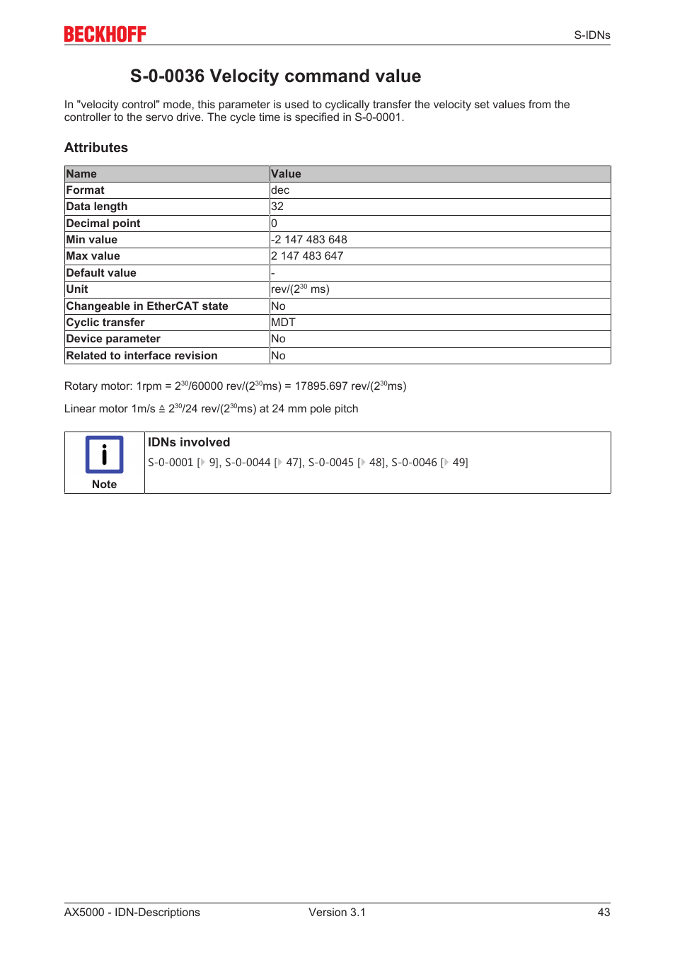 S-0-0036 velocity command value, S‐0‐0036, Attributes | BECKHOFF AX5000 S-IDN Parameters User Manual | Page 43 / 190