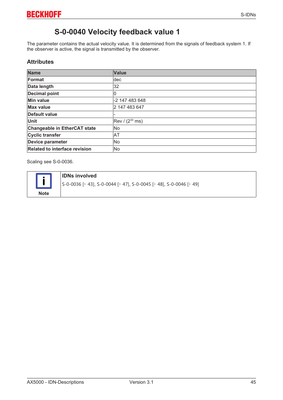 S-0-0040 velocity feedback value 1, S‐0‐0040 | BECKHOFF AX5000 S-IDN Parameters User Manual | Page 45 / 190