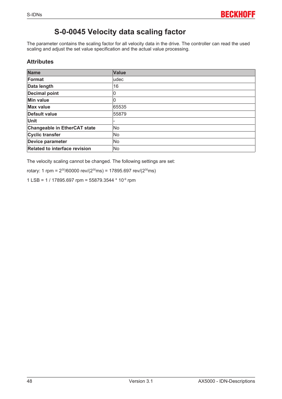 S-0-0045 velocity data scaling factor, S‐0‐0045 | BECKHOFF AX5000 S-IDN Parameters User Manual | Page 48 / 190