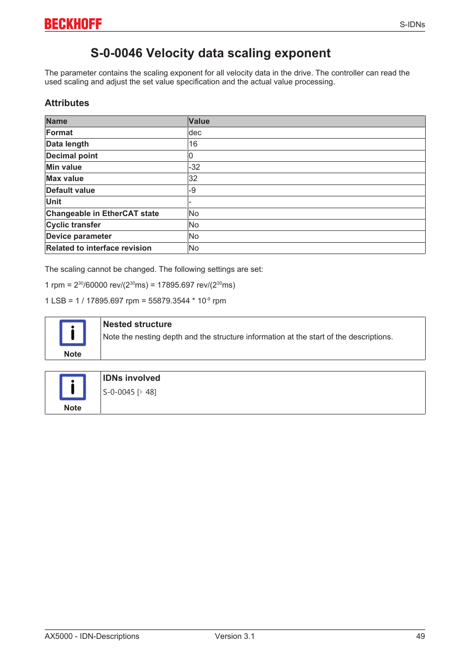 S-0-0046 velocity data scaling exponent, S‐0‐0046 | BECKHOFF AX5000 S-IDN Parameters User Manual | Page 49 / 190