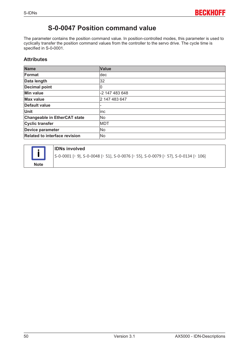 S-0-0047 position command value, S‐0‐0047 | BECKHOFF AX5000 S-IDN Parameters User Manual | Page 50 / 190