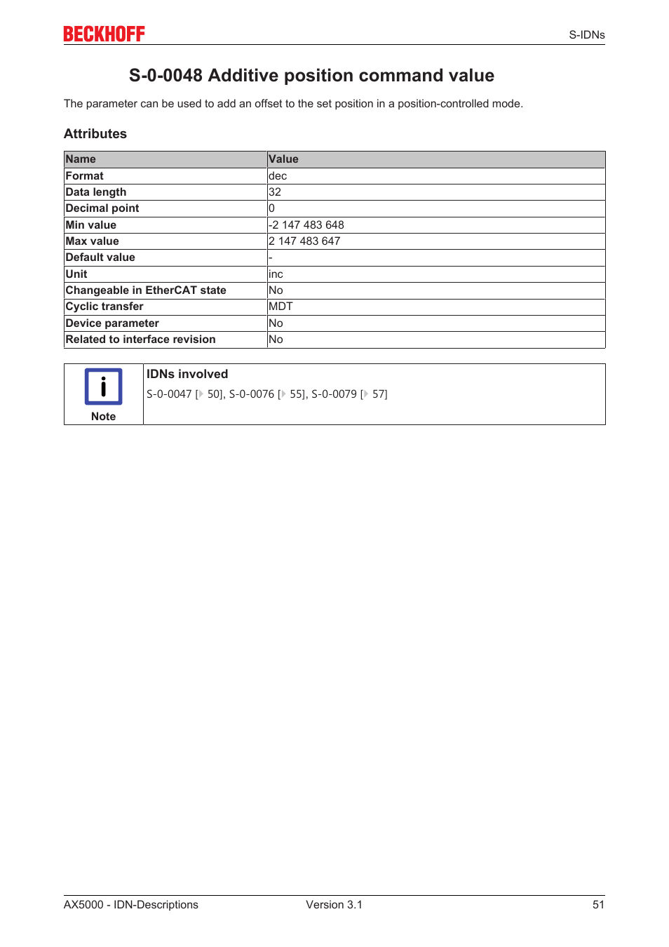 S-0-0048 additive position command value, S‐0‐0048 | BECKHOFF AX5000 S-IDN Parameters User Manual | Page 51 / 190