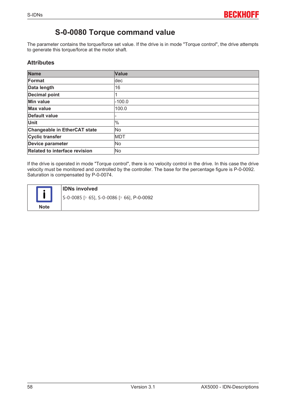 S-0-0080 torque command value, S‐0‐0080 | BECKHOFF AX5000 S-IDN Parameters User Manual | Page 58 / 190