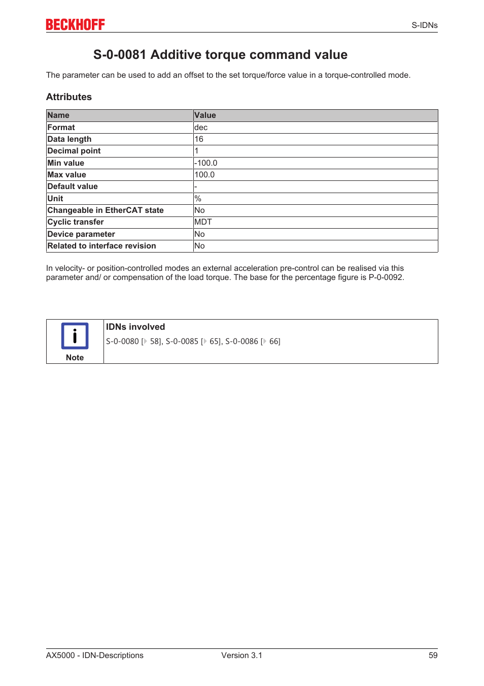 S-0-0081 additive torque command value | BECKHOFF AX5000 S-IDN Parameters User Manual | Page 59 / 190