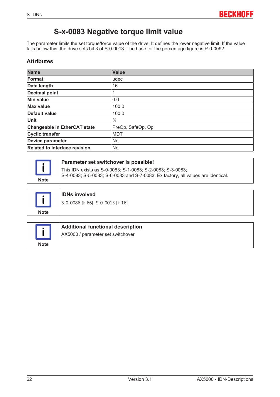 S-x-0083 negative torque limit value, S­x­0083 negative torque limit value | BECKHOFF AX5000 S-IDN Parameters User Manual | Page 62 / 190