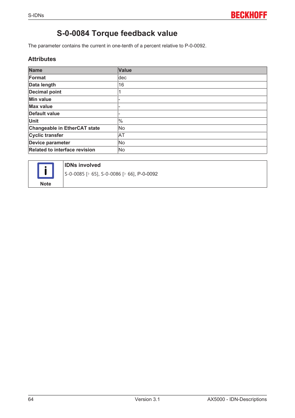 S-0-0084 torque feedback value | BECKHOFF AX5000 S-IDN Parameters User Manual | Page 64 / 190