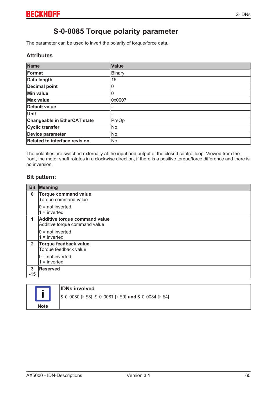 S-0-0085 torque polarity parameter, S‐0‐0085 | BECKHOFF AX5000 S-IDN Parameters User Manual | Page 65 / 190