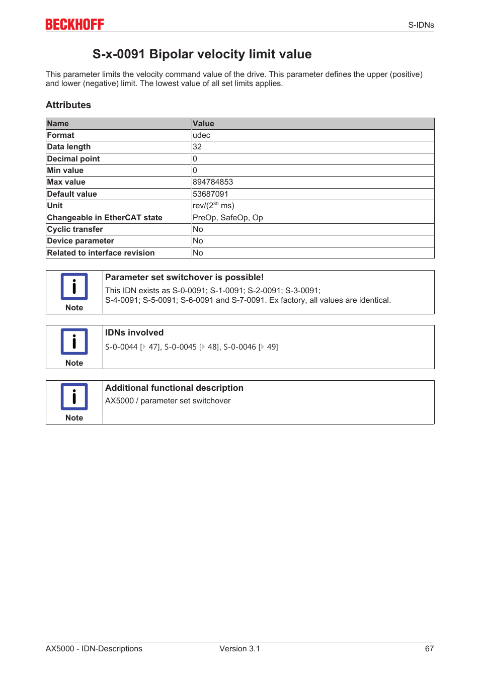 S-x-0091 bipolar velocity limit value, S­x­0091 bipolar velocity limit value | BECKHOFF AX5000 S-IDN Parameters User Manual | Page 67 / 190