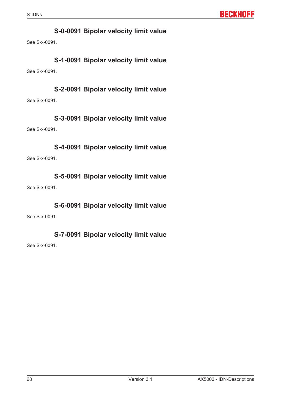 S-0-0091 bipolar velocity limit value, S-1-0091 bipolar velocity limit value, S-2-0091 bipolar velocity limit value | S-3-0091 bipolar velocity limit value, S-4-0091 bipolar velocity limit value, S-5-0091 bipolar velocity limit value, S-6-0091 bipolar velocity limit value, S-7-0091 bipolar velocity limit value | BECKHOFF AX5000 S-IDN Parameters User Manual | Page 68 / 190