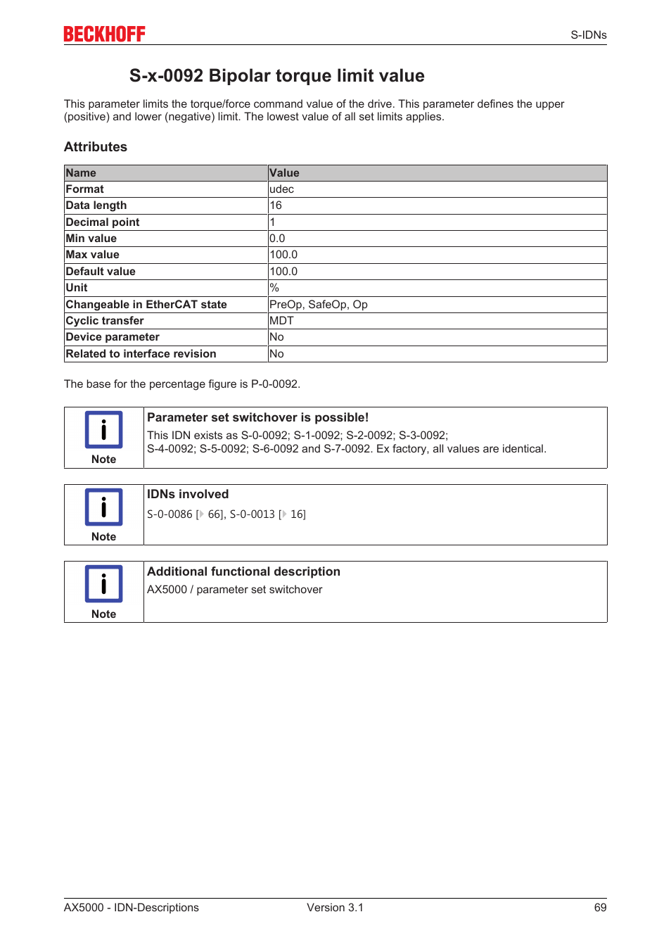 S-x-0092 bipolar torque limit value, S­x­0092 bipolar torque limit value | BECKHOFF AX5000 S-IDN Parameters User Manual | Page 69 / 190