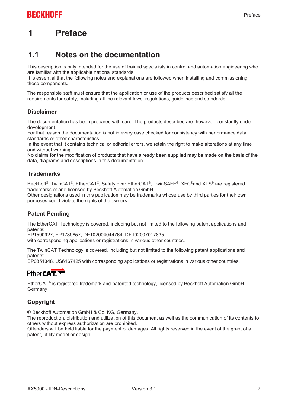 1 preface, 1 notes on the documentation, 1preface | BECKHOFF AX5000 S-IDN Parameters User Manual | Page 7 / 190