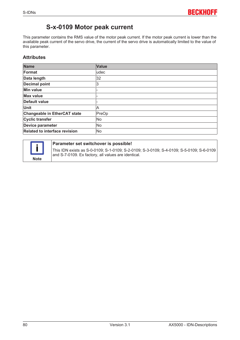 S-x-0109 motor peak current, S­x­0109 motor peak current | BECKHOFF AX5000 S-IDN Parameters User Manual | Page 80 / 190