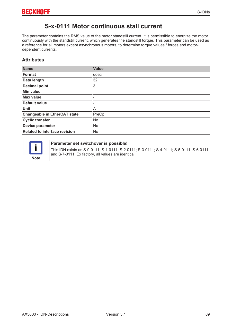 S-x-0111 motor continuous stall current, S­x­0111 motor continuous stall current | BECKHOFF AX5000 S-IDN Parameters User Manual | Page 89 / 190