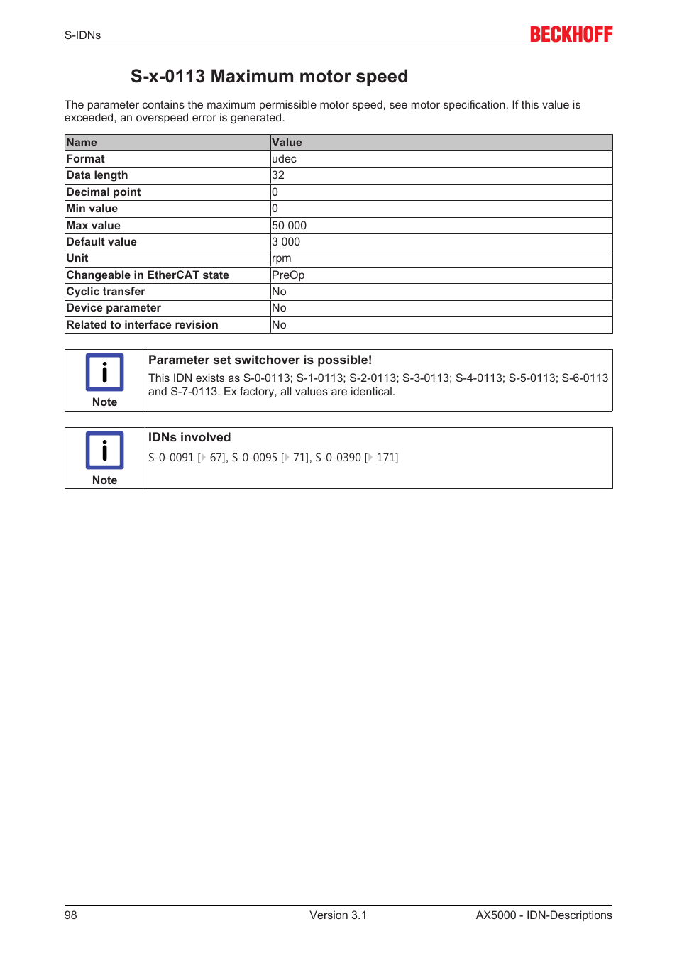 S-x-0113 maximum motor speed, S­x­0113 maximum motor speed | BECKHOFF AX5000 S-IDN Parameters User Manual | Page 98 / 190