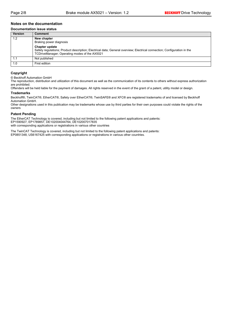 Notes on the documentation, Documentation issue status, Copyright | Trademarks, Patent pending | BECKHOFF AX5021 User Manual | Page 2 / 8