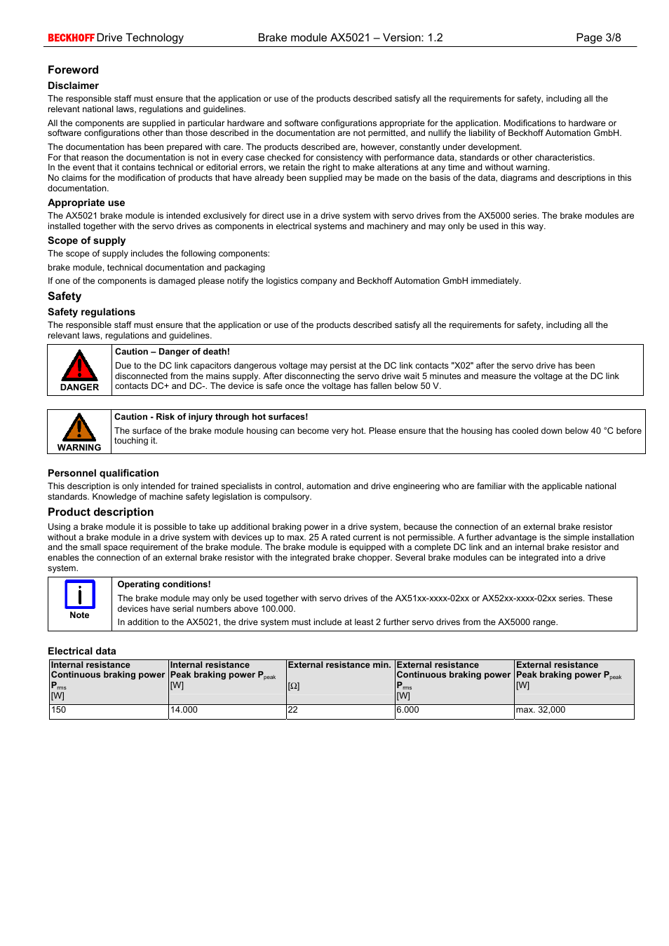 Foreword, Disclaimer, Appropriate use | Scope of supply, Safety, Safety regulations, Personnel qualification, Product description, Electrical data | BECKHOFF AX5021 User Manual | Page 3 / 8