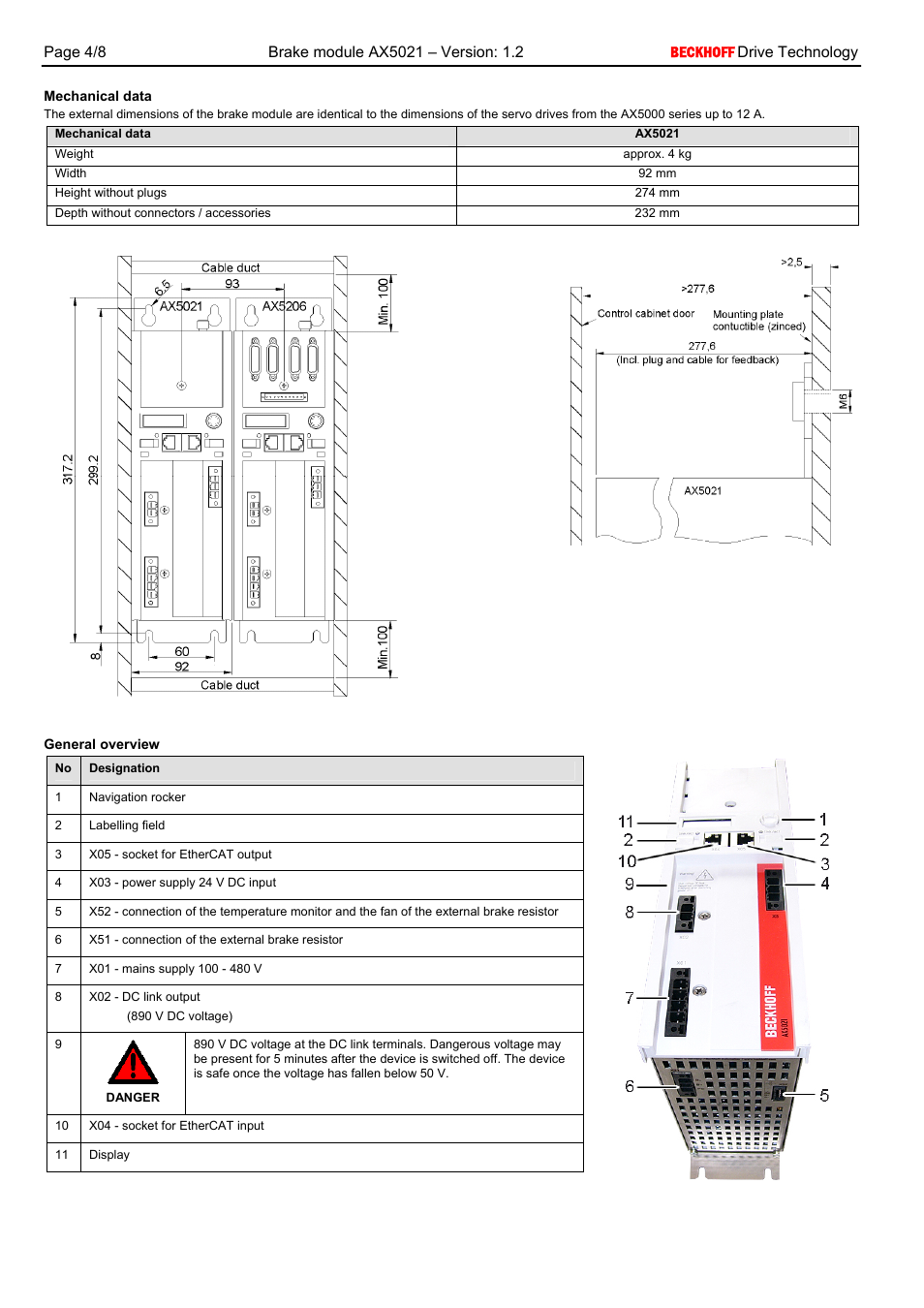 Mechanical data, General overview | BECKHOFF AX5021 User Manual | Page 4 / 8