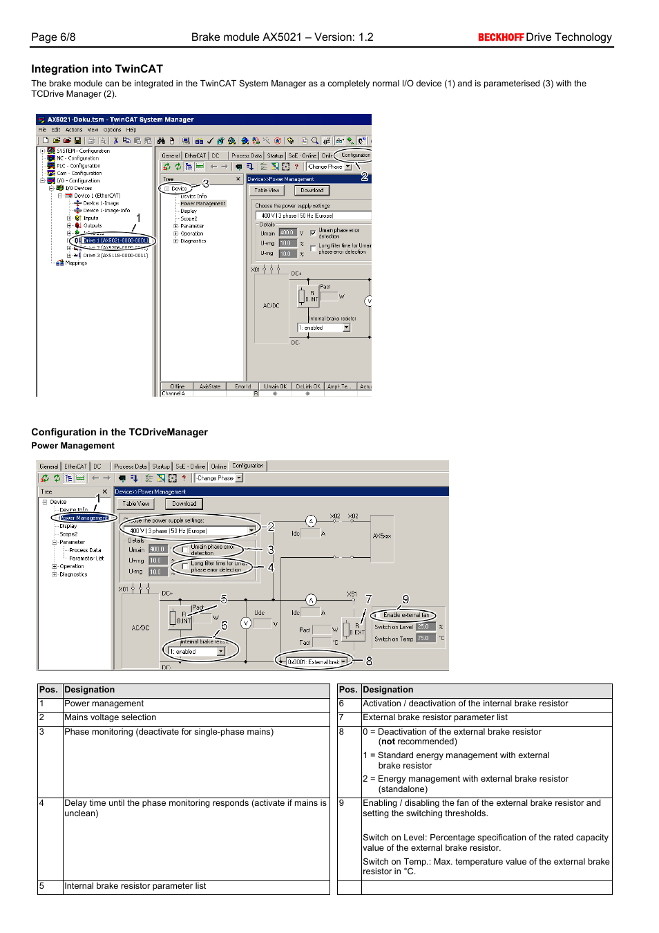 Integration into twincat, Configuration in the tcdrivemanager, Power management | BECKHOFF AX5021 User Manual | Page 6 / 8