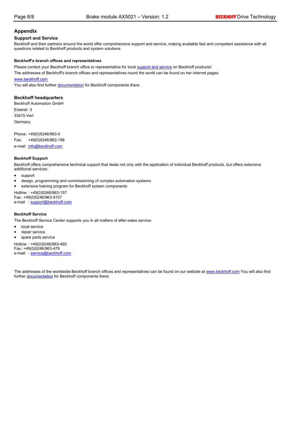 Appendix, Support and service, Beckhoff's branch offices and representatives | Beckhoff headquarters, Beckhoff support, Beckhoff service | BECKHOFF AX5021 User Manual | Page 8 / 8