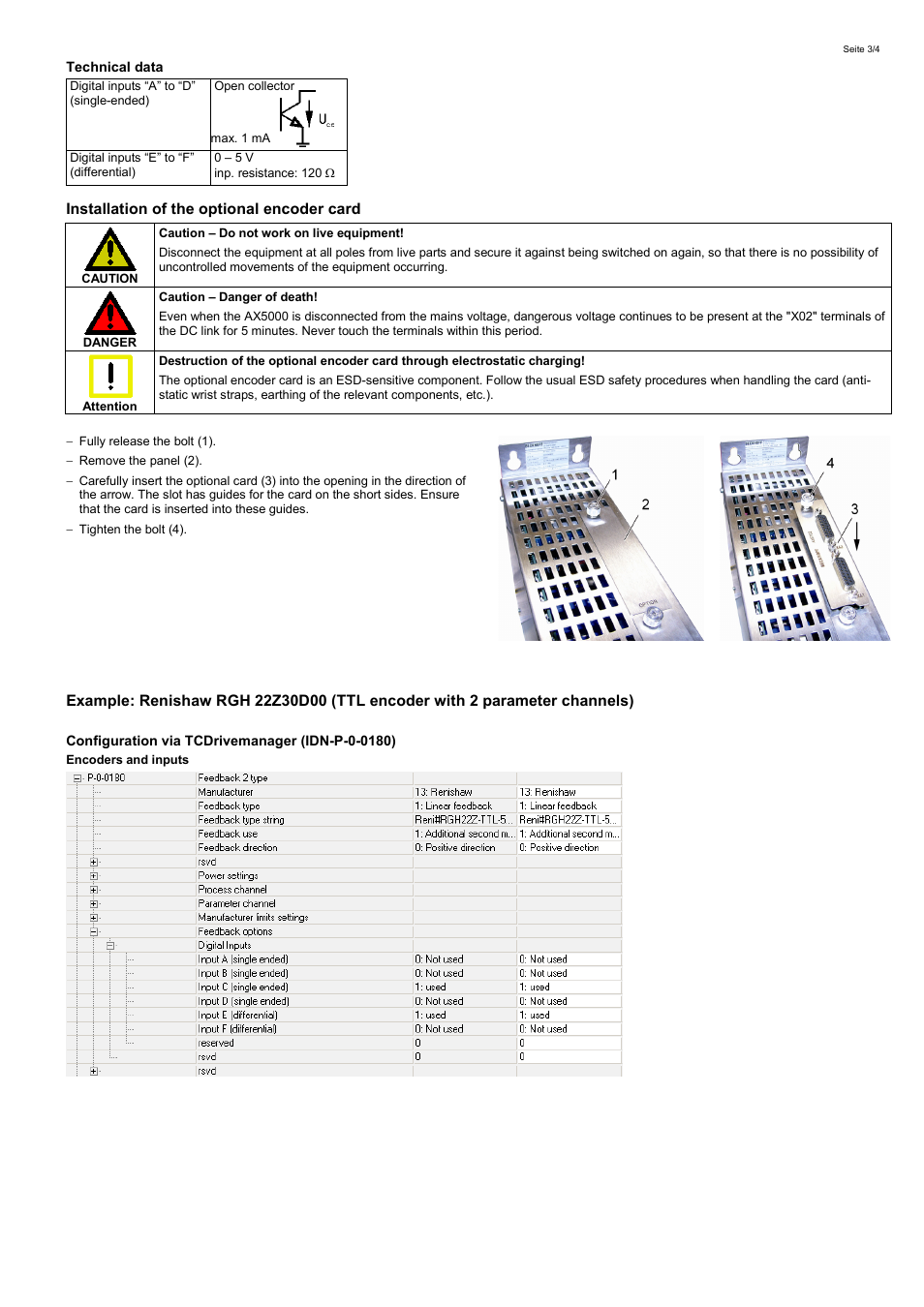 Technical data, Installation of the optional encoder card, Configuration via tcdrivemanager (idn-p-0-0180) | Encoders and inputs | BECKHOFF AX570x User Manual | Page 3 / 4