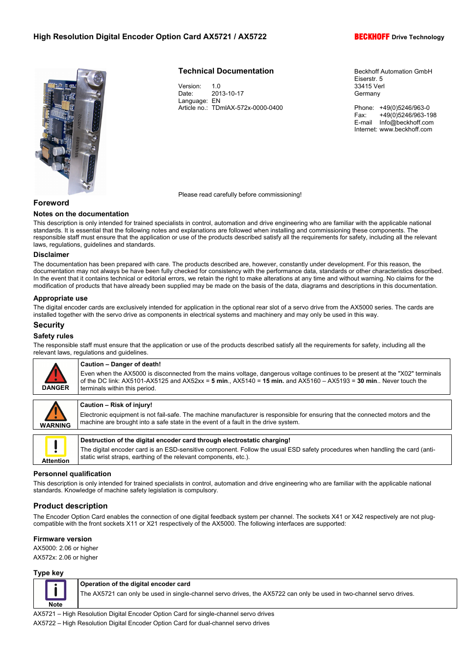 BECKHOFF AX572x User Manual | 2 pages
