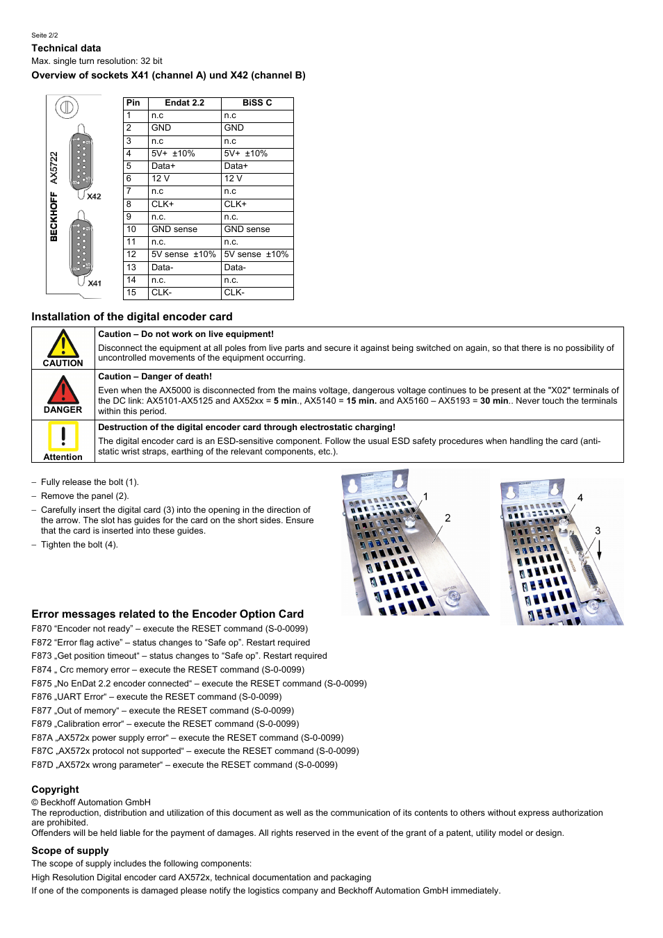 Installation of the digital encoder card, Error messages related to the encoder option card | BECKHOFF AX572x User Manual | Page 2 / 2