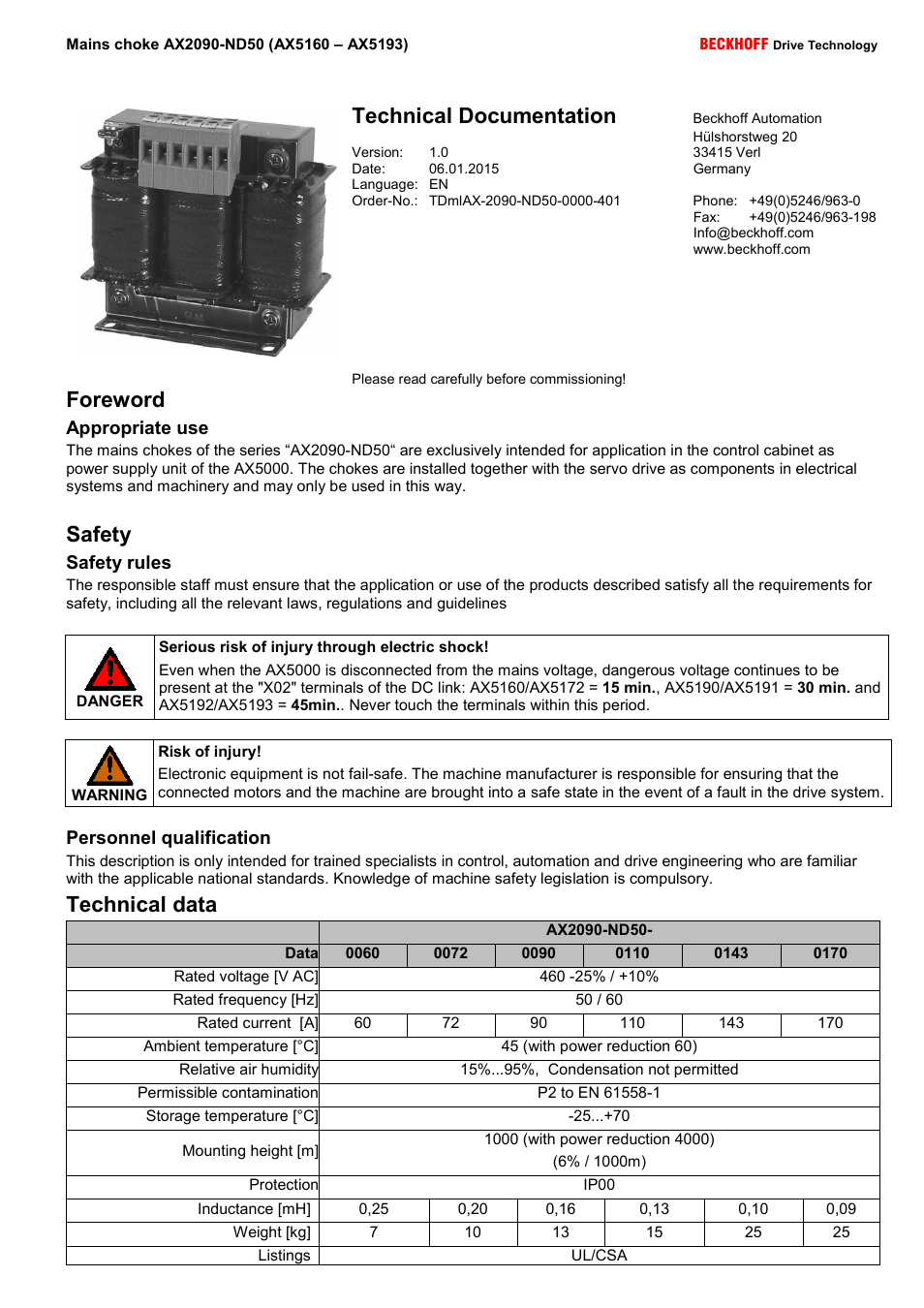 BECKHOFF AX2090-ND50 User Manual | 2 pages