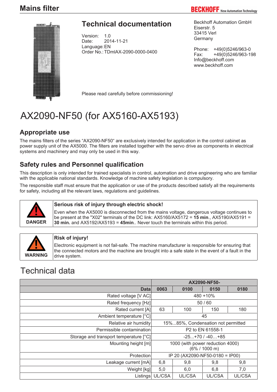 BECKHOFF AX2090-NF50 User Manual | 2 pages