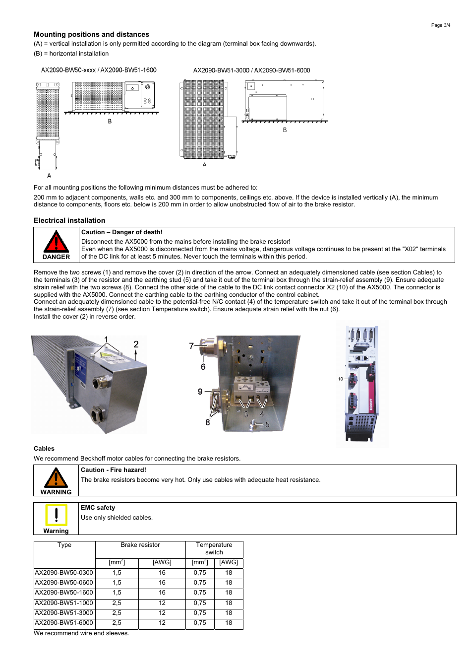 Mounting positions and distances, Electrical installation, Cables | BECKHOFF AX2090-BW5x User Manual | Page 3 / 4