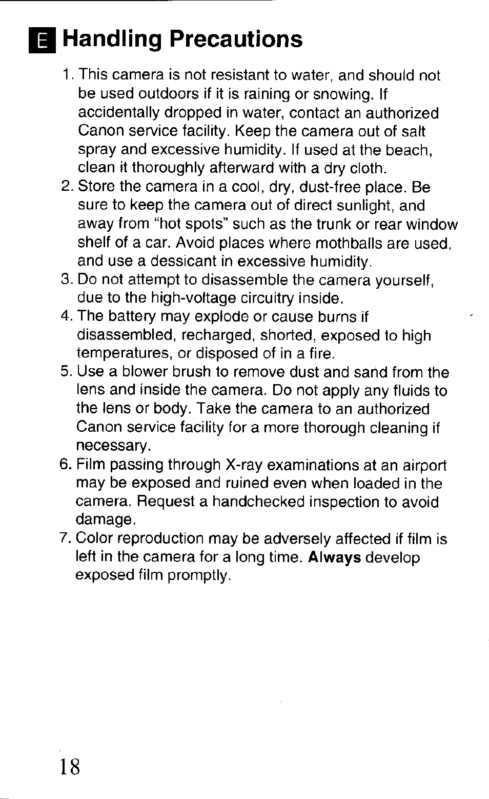 Handling precautions | Canon Z85 User Manual | Page 18 / 80