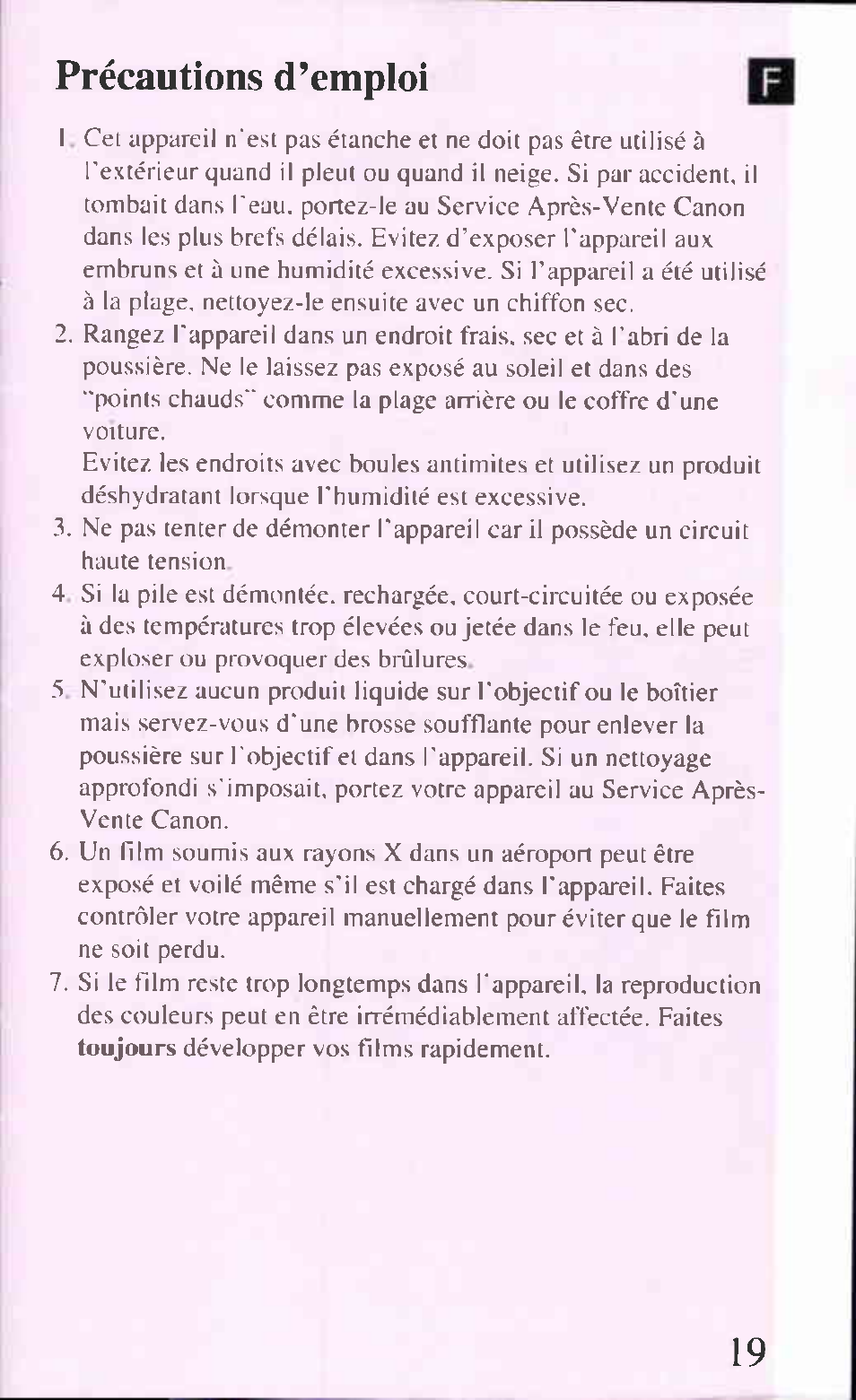 Précautions d’emploi | Canon Z85 User Manual | Page 19 / 80