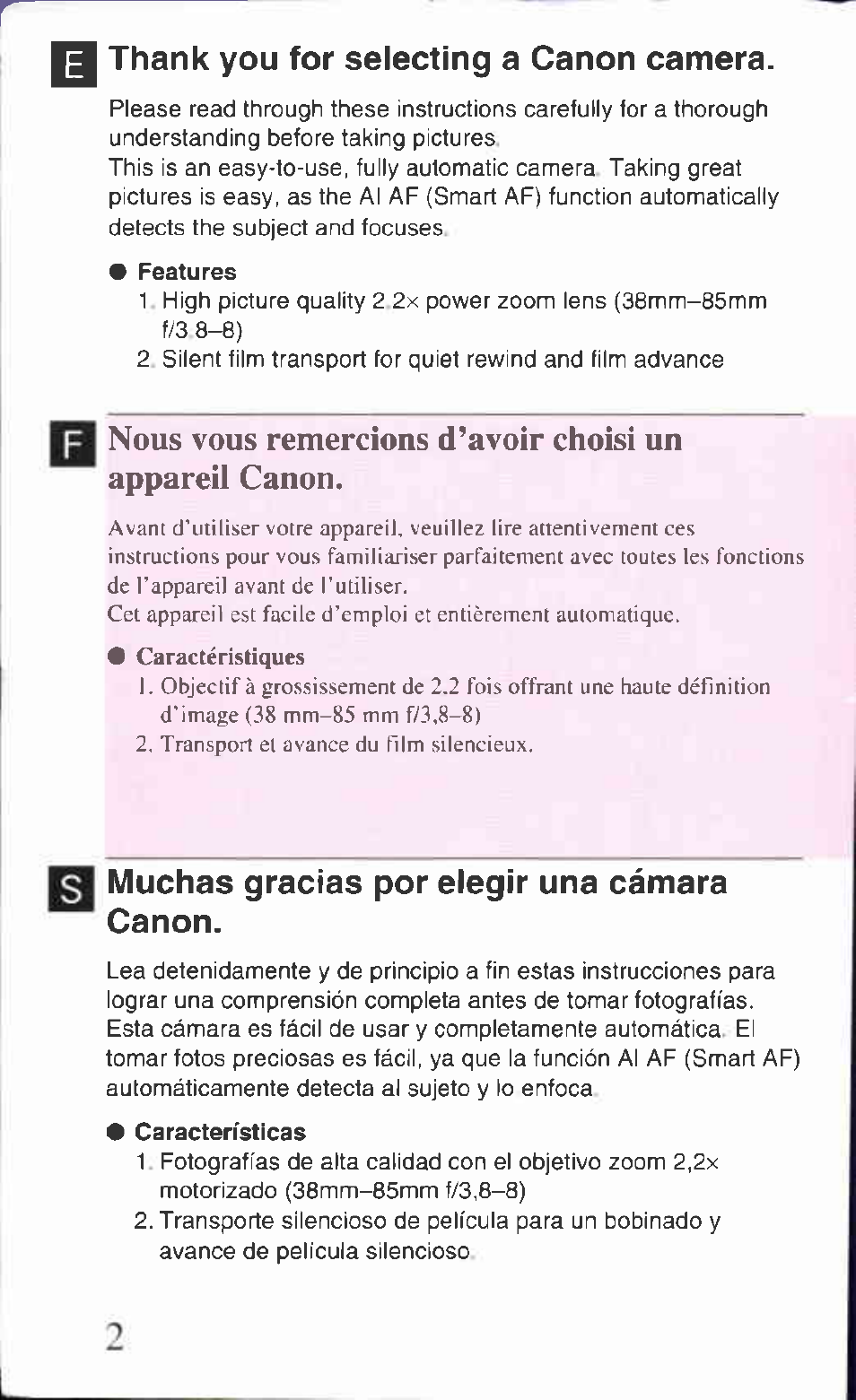 I thank you for selecting a canon camera, I muchas gracias por elegir una cámara canon | Canon Z85 User Manual | Page 2 / 80