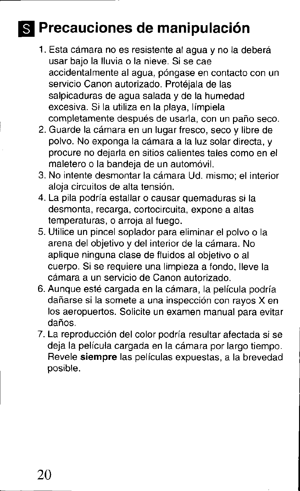 I precauciones de manipulación, Precauciones de manipuiación | Canon Z85 User Manual | Page 20 / 80