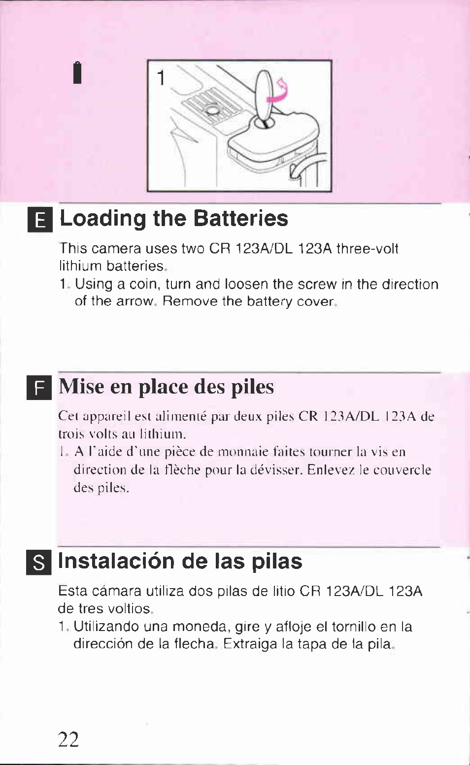 Loading the batteries, Mise en place des piles, Instalación de las pilas | Canon Z85 User Manual | Page 22 / 80