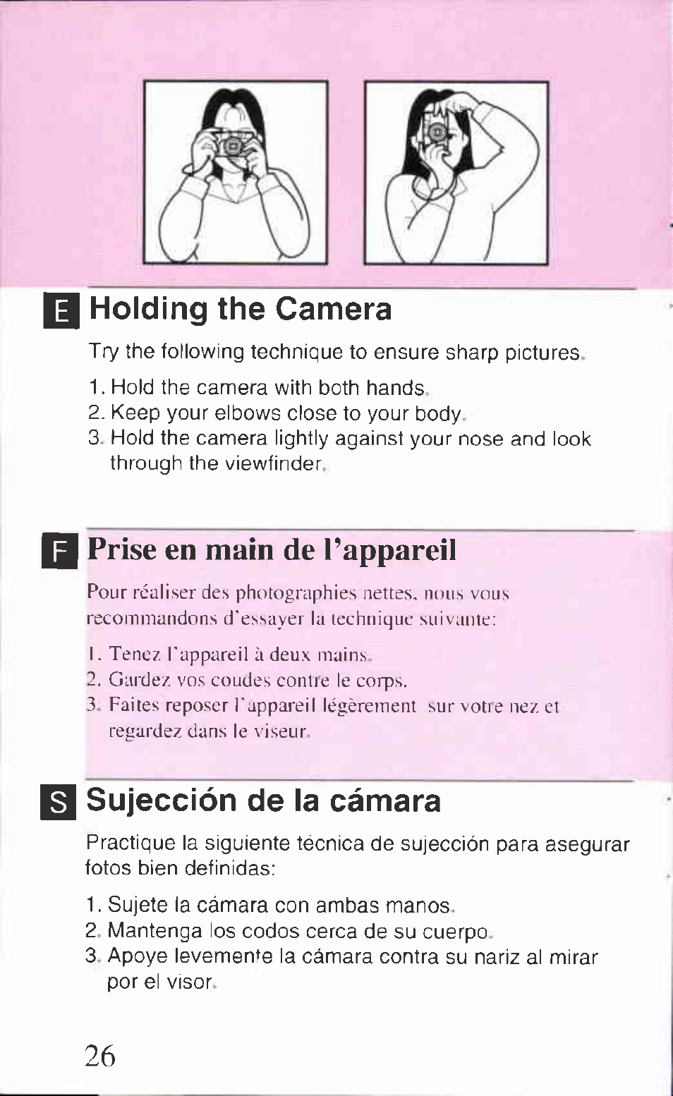 Holding the camera, Prise en main de l’appareil, 1 sujección de la cámara | Sujección de la cámara, 1sujección de la cámara | Canon Z85 User Manual | Page 26 / 80