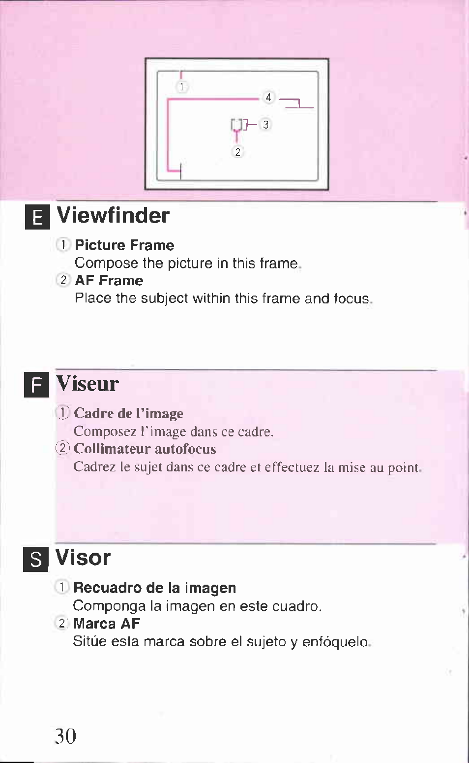 Viewfinder, I viseur, Visor | Canon Z85 User Manual | Page 30 / 80