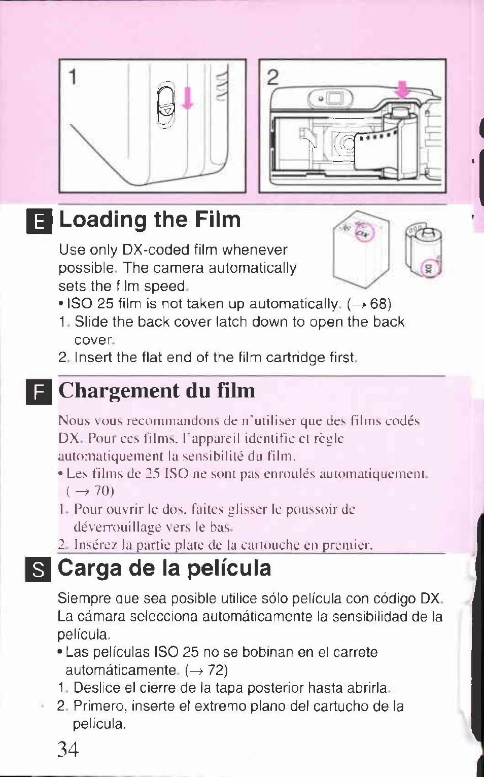 Loading the film, Chargement du film, Carga de la película | Canon Z85 User Manual | Page 34 / 80