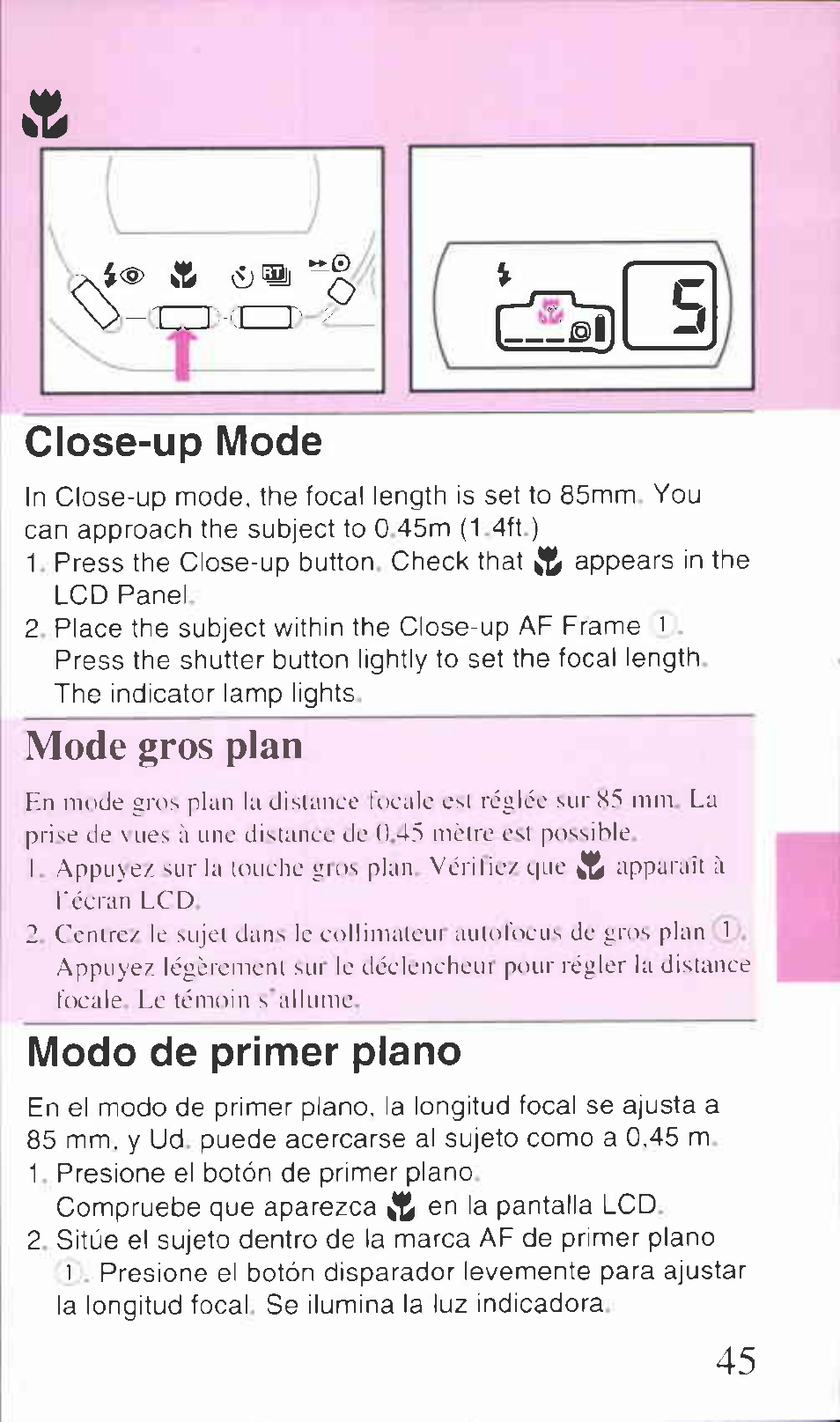 Close-up mode, Mode gros plan, Modo de primer piano | Ibh modo de primer piano | Canon Z85 User Manual | Page 45 / 80