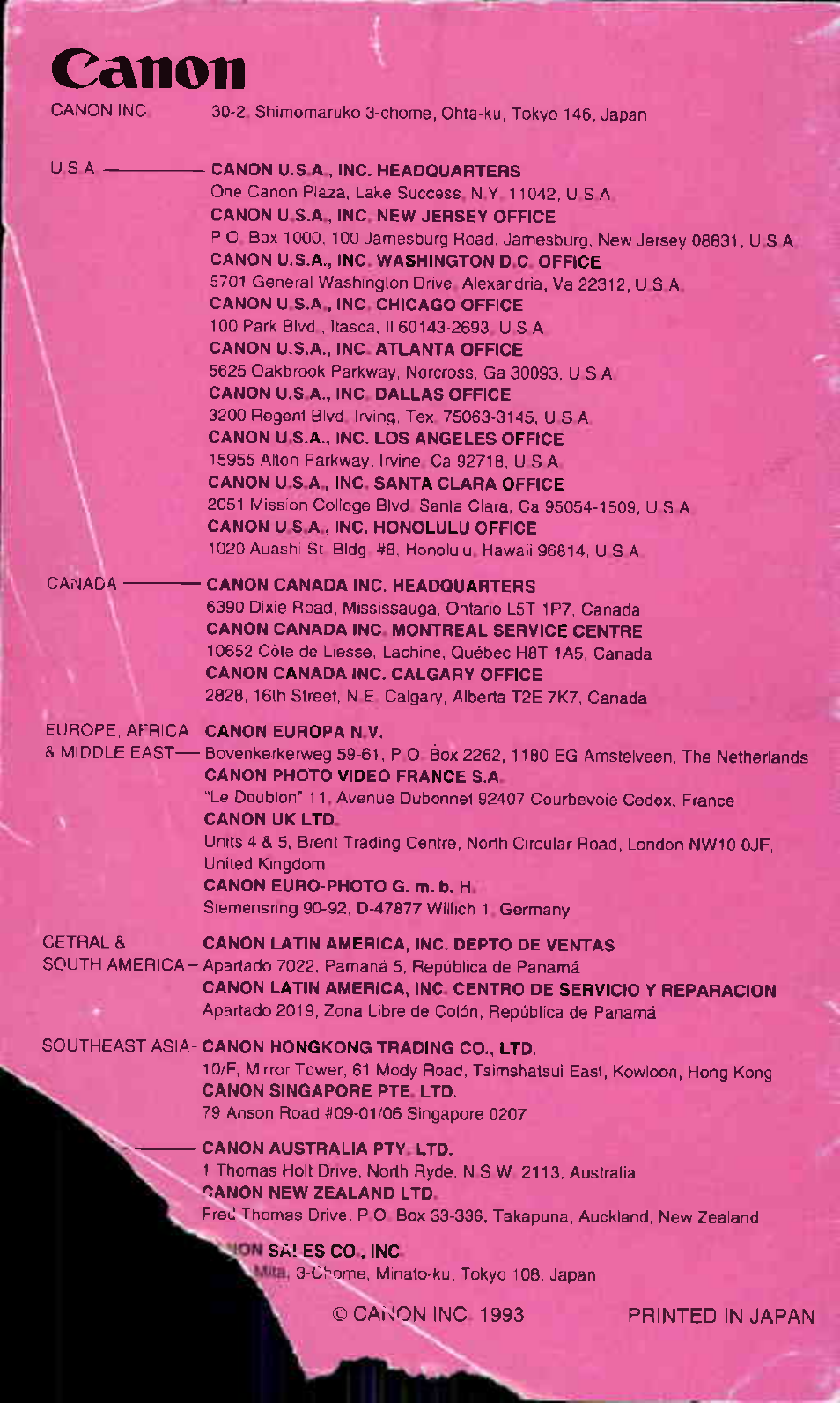 Canon, Printed in japan, Cai^ninc 1993 | Canon Z85 User Manual | Page 80 / 80