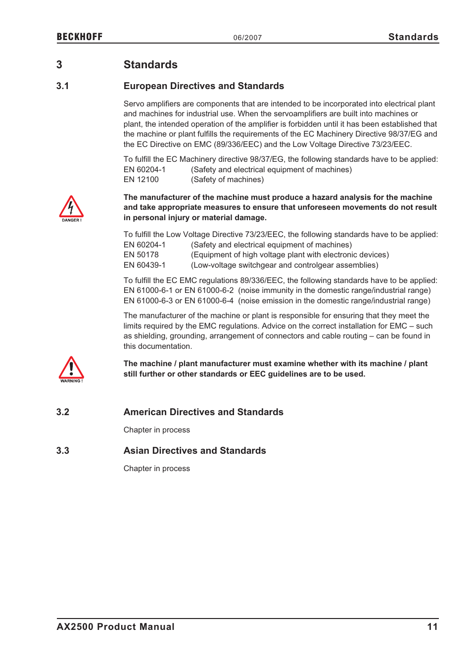 3 standards, 1 european directives and standards, 2 american directives and standards | 3 asian directives and standards, Standards, S t a n d a r d s, European directives and standards, American directives and standards, Asian directives and standards, 3standards | BECKHOFF AX2500 User Manual | Page 11 / 97